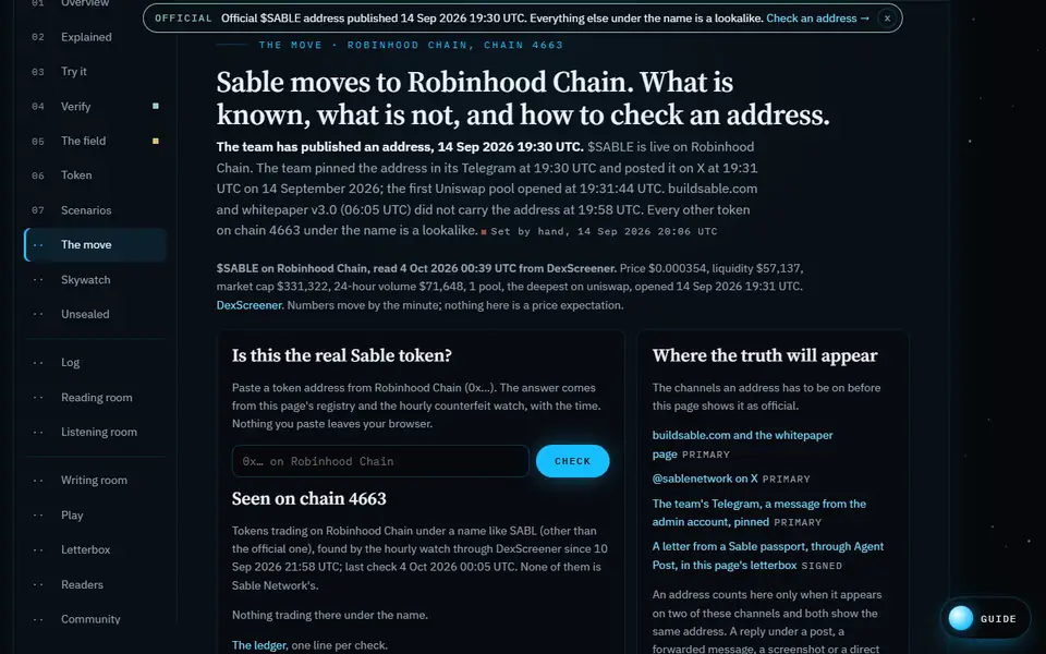 The move: is this the real Sable token? An address checker, the lookalikes seen on chain 4663, and where the truth will appear.