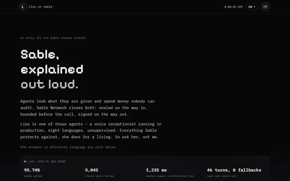lisaonsable.com: Sable, explained out loud, with Lisa's live uptime probe figures.