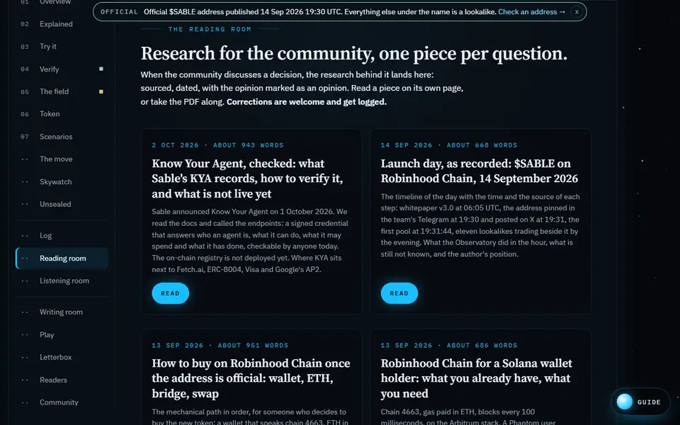 The Reading room: research for the community, one piece per question, with dated notes and word counts.