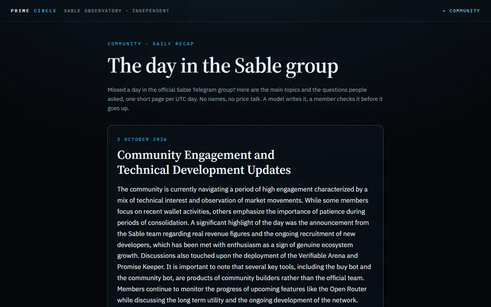 The day in the Sable group: a dated daily recap of the community conversation.