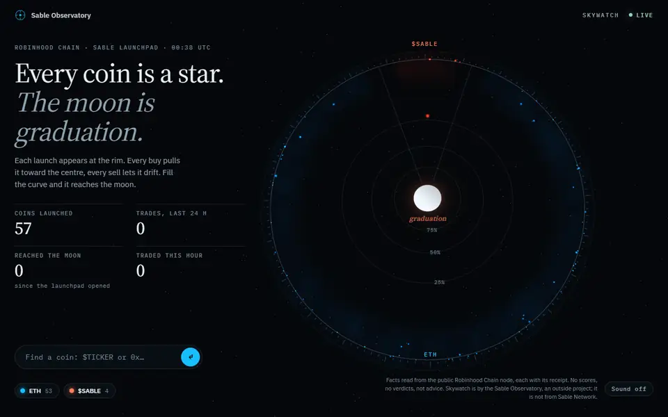 Skywatch: every coin is a star, the moon is graduation. Counters for coins launched and trades, and a sky of launchpad coins.